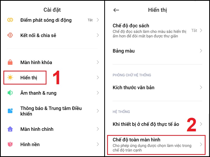 Mở cài đặt Chế độ toàn màn hình