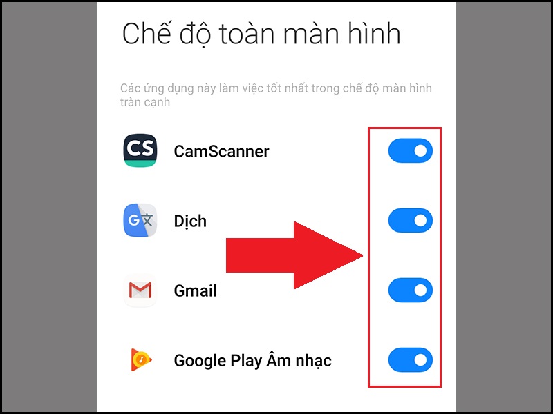 Bật các ứng dụng bạn muốn sử dụng trong chế độ toàn màn hình