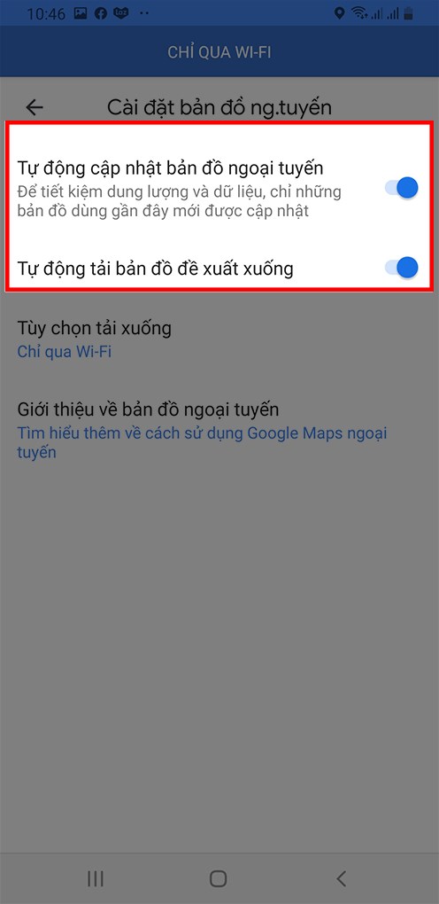 Tùy chọn Tự động cập nhật bản đồ ngoại tuyến và Tự động tải bản đồ đề xuất xuống.