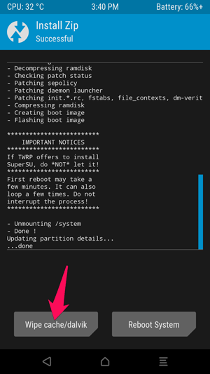 Chạm vào nút Wipe cache/Dalvik