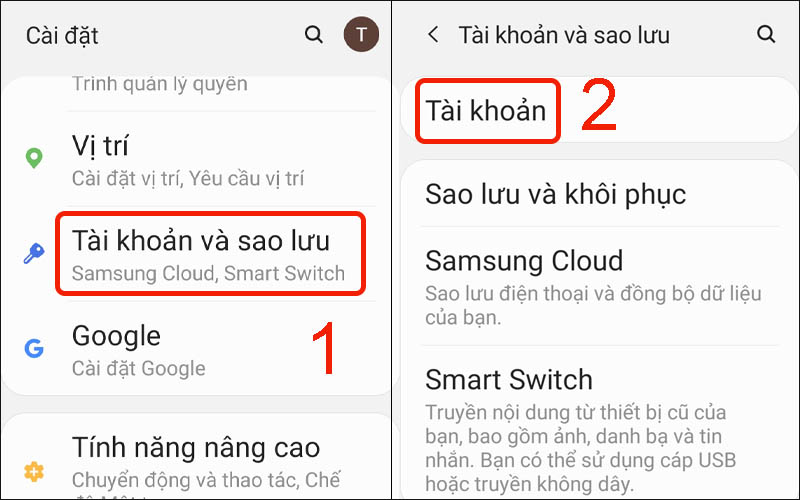 Chọn Tài khoản và sao lưu rồi nhấn vào tài khoản