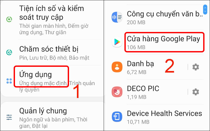 Vào phần cài đặt ứng dụng và chọn Cửa hàng Google Play