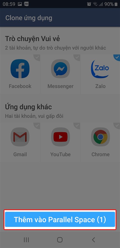 Bấm vào mục Thêm vào Parallel Space để nhân đôi ứng dụng.