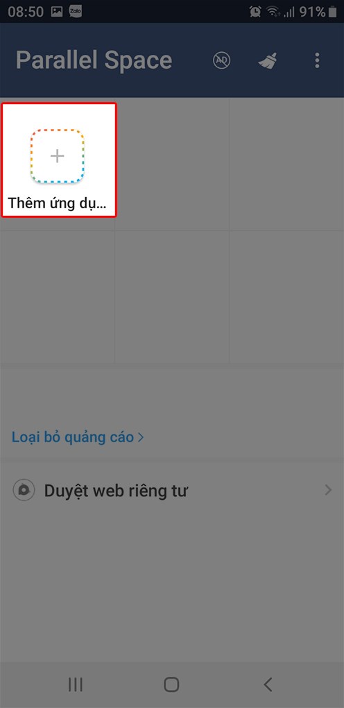 Chọn ứng dụng Parallel Space, bấm vào mục Thêm Ứng Dụng.